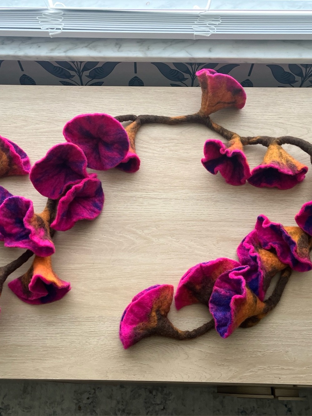 Handmade vintage felt wool flower garland 54” long